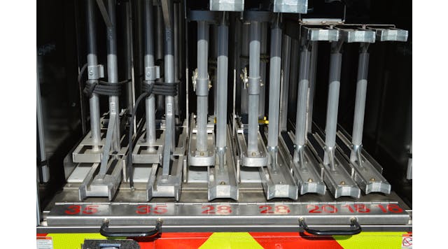 An example of ground ladder banking, where the aerial waterway was run outside of the torque box to accommodate multiple portable ladders.
