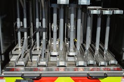 An example of ground ladder banking, where the aerial waterway was run outside of the torque box to accommodate multiple portable ladders. An example of ground ladder banking, where the aerial waterway was run outside of the torque box to accommodate multiple portable ladders.