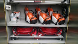 This compartment that’s in the lower section of the body of the apparatus was designed to accommodate gasoline-powered saws and battery-powered smoke ejectors. This compartment that’s in the lower section of the body of the apparatus was designed to accommodate gasoline-powered saws and battery-powered smoke ejectors.