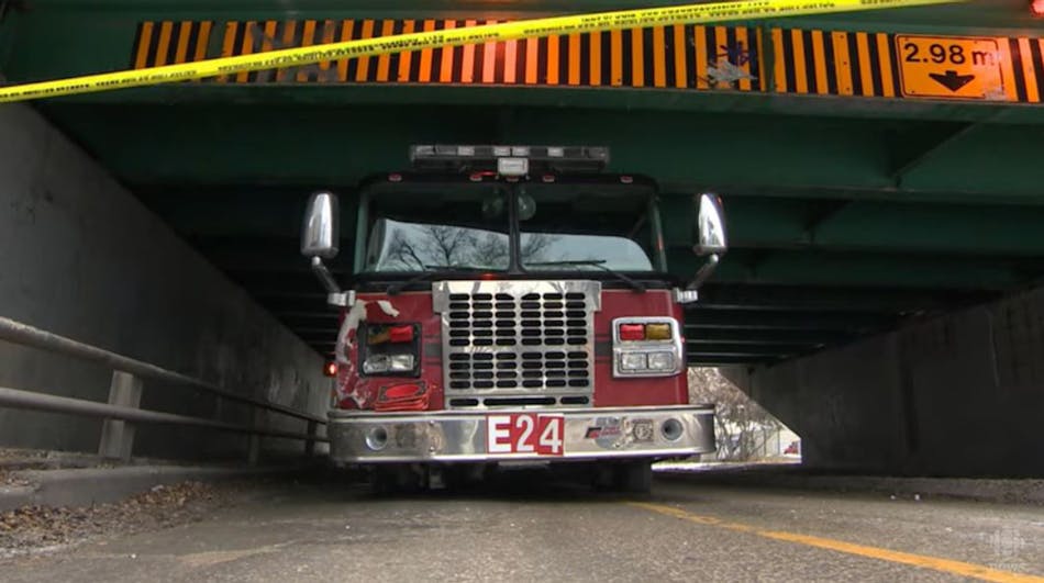 The stolen Winnipeg fire apparatus after tire-deflation devices were deployed to stop it.