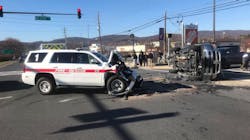 A Frederick County, MD, Fire & Rescue unit was involved in a rollover accident Wednesday. A Frederick County, MD, Fire & Rescue unit was involved in a rollover accident Wednesday.