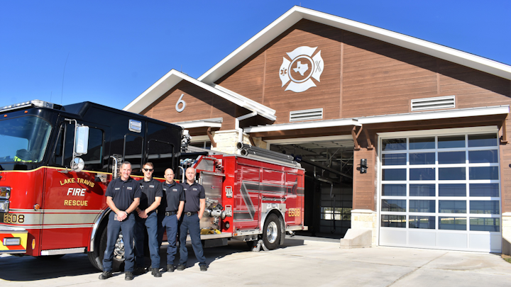 Lake Travis, TX, firefighters Lt. David Clark (from left), Cole Rador, Billy Turner and Ryan Sandlin take a break from unpacking in the department’s new station off Hamilton Pool Road. The facility opened its doors Tuesday.