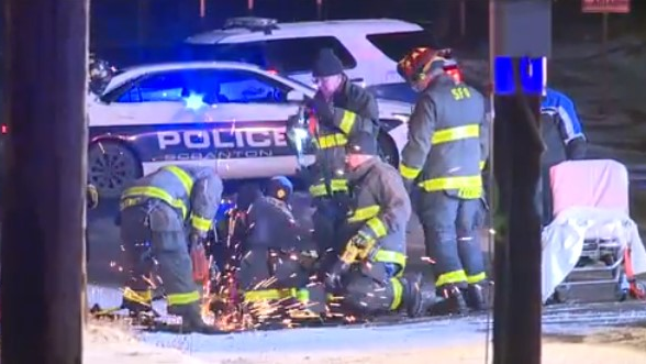 Scranton, PA, firefighters cut through a sewer basin grate to rescue a man who slipped on ice, fell into the freezing Lackawanna River and became lost in the sewers early Thursday.
