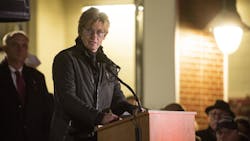 Denis Leary speaks during a ceremony commemorating the 20th anniversary of the Worcester Cold Storage Fire in Worcester, MA, on Dec 3, 2019.