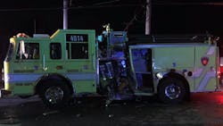 A Uniontown, OH, firefighter was injured after a driver reportedly fell asleep behind the wheel of her vehicle and struck a fire apparatus Saturday night.