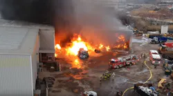 Firefighters respond to a massive, multi-alarm blaze that broke out Monday afternoon at a recycling plant in Woodbridge Township, NJ.