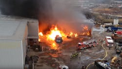 Firefighters respond to a massive, multi-alarm blaze that broke out Monday afternoon at a recycling plant in Woodbridge Township, NJ.