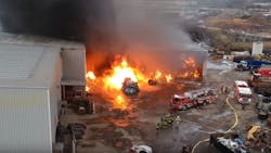 Firefighters respond to a massive, multi-alarm blaze that broke out Monday afternoon at a recycling plant in Woodbridge Township, NJ. Firefighters respond to a massive, multi-alarm blaze that broke out Monday afternoon at a recycling plant in Woodbridge Township, NJ.