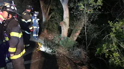 San Jose firefighters stand at the top of a ravine during rescue operations after a driver plummeted nearly 100 feet into a creek on Thursday, Dec. 19, 2019.