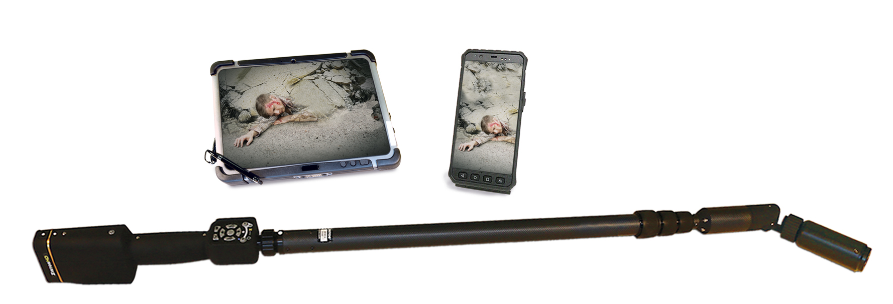 ZistosHD Rescue Systems shown with the HD Handle, Motorized Articulating Pole, HD Thermal Camera, rugged 5-inch and 10-inch Displays. Systems are modular and available in a variety of configurations, based on need.