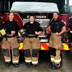 Capt. Elizabeth Hawkins (right) leads Glynn County, GA, Fire Rescue Department's all-female fire engine crew, which includes firefighter/EMTs Syndal Tillotson (left) and Brianna Depp. Capt. Elizabeth Hawkins (right) leads Glynn County, GA, Fire Rescue Department's all-female fire engine crew, which includes firefighter/EMTs Syndal Tillotson (left) and Brianna Depp.