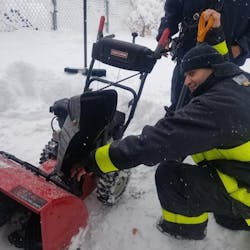Lawrence, MA, firefighters freed a man's hand after it became stuck in his snowblower Tuesday. Lawrence, MA, firefighters freed a man's hand after it became stuck in his snowblower Tuesday.