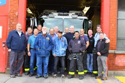 Current and former Rescue 2 firefighters during the &apos;Last Tour&apos; at the Brooklyn fire station on Nov. 3, 2019. On the right is Chicago Battalion Chief Pat Maloney and Rescue 2 Capt. Liam Flaherty.