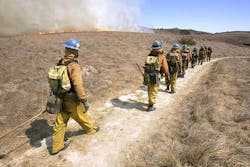 Los Angeles County firefighters work a wildfire.