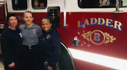 Firefighter Katie Dubeau (left to right), Lt. Heather Angelo, and Firefighter Carol Dawkins made up the all-female crew at Brockton Ladder 2 Friday night.