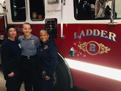 Firefighter Katie Dubeau (left to right), Lt. Heather Angelo, and Firefighter Carol Dawkins made up the all-female crew at Brockton Ladder 2 Friday night.