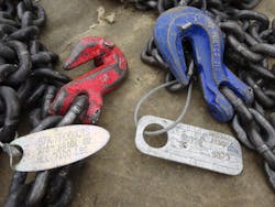 For an extra cost, a chain manufacturer will certify chain to twice normal working load limits (WLL), indicated by tags, as shown here.
