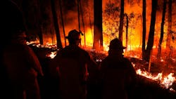 CFA Country Fire Authority firefighters monitor fires and begin back burns between the towns of Orbost and Lakes Entrance in east Gipplsland on Thursday in Australia.