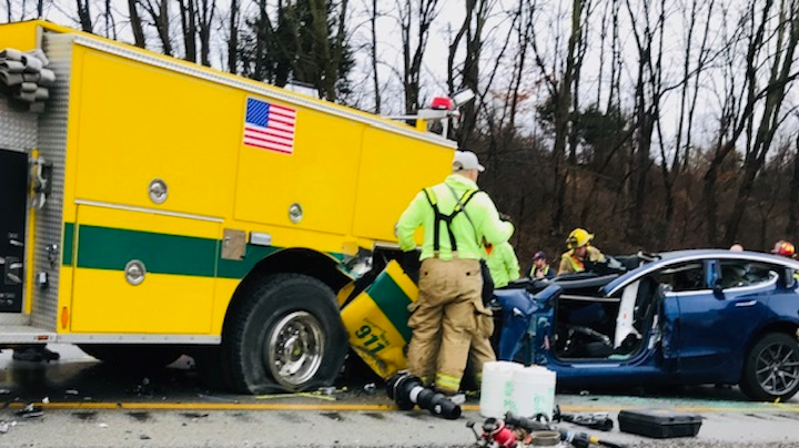 A 2019 Tesla Model 3 struck the rear of a Cloverdale, IN, fire apparatus, which was stopped along Interstate 70 while responding to another accident Dec. 29.
