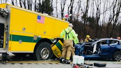 A 2019 Tesla Model 3 struck the rear of a Cloverdale, IN, fire apparatus, which was stopped along Interstate 70 while responding to another accident Dec. 29. A 2019 Tesla Model 3 struck the rear of a Cloverdale, IN, fire apparatus, which was stopped along Interstate 70 while responding to another accident Dec. 29.