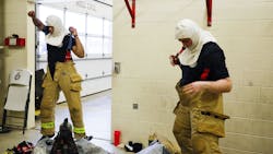 Columbus, OH, Division of Fire recruits Donovan Littlefield (left) and Jacob Lang practice putting on their firefighting clothing during a timed exercise Friday at the Columbus Fire Training Academy.
