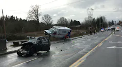 A Vancouver, WA, man was killed after he collided with an AMR ambulance in Clark County on Tuesday, injuring two paramedics.