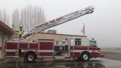 Hanford, WA, firefighters unveil their new aerial, the first the department has purchased in 25 years. Hanford, WA, firefighters unveil their new aerial, the first the department has purchased in 25 years.