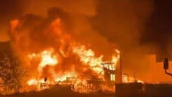 A pre-dawn, three-alarm fire destroyed a four-story apartment building under construction in Jacksonville, FL, on Sunday. A pre-dawn, three-alarm fire destroyed a four-story apartment building under construction in Jacksonville, FL, on Sunday.