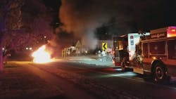 Long Hill, CT, firefighters arrive at the scene of a car blaze Wedensday. Long Hill, CT, firefighters arrive at the scene of a car blaze Wedensday.