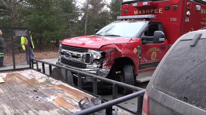Three Mashpee, MA, firefighters were among several people injured Monday after the ambulance they were in was struck by another vehicle, causing a chain-reaction accident.