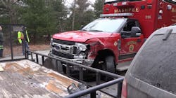Three Mashpee, MA, firefighters were among several people injured Monday after the ambulance they were in was struck by another vehicle, causing a chain-reaction accident.