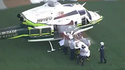 A Miami-Dade firefighter was seriously injured after falling down an elevator shaft Tuesday while responding to a call involving a person trapped in a stuck car.