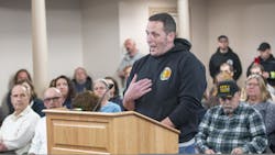 Middletown, RI, firefighter John Jordan, who heads the town's fire union, addresses the Middletown Town Council on Monday. Middletown, RI, firefighter John Jordan, who heads the town's fire union, addresses the Middletown Town Council on Monday.