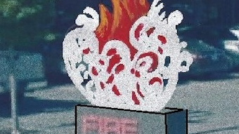 Santa Rosa, CA, artist Adrian Litman, who lost his home in the Tubbs fire two years ago, created the sculpture 'Splash & Fire,' which now sits in front of the city's Fire Station 1.