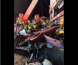 Henderson firefighters rescued an the driver after his vehicle was struck by a tractor-trailer. Henderson firefighters rescued an the driver after his vehicle was struck by a tractor-trailer.