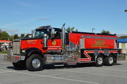 The commercial chassis market depends on platforms that are designed as base models and that have numerous pre-engineered options that can be utilized to meet the customer’s needs. The Goodwill Fire Company (Myerstown, PA) specified a Western Star 4900SF tandem-axle chassis for their new tanker. This vehicle is equipped with rear and side quick-dumps. The commercial chassis market depends on platforms that are designed as base models and that have numerous pre-engineered options that can be utilized to meet the customer’s needs. The Goodwill Fire Company (Myerstown, PA) specified a Western Star 4900SF tandem-axle chassis for their new tanker. This vehicle is equipped with rear and side quick-dumps.