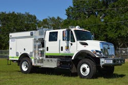 The Class 8 commercial chassis can be specified with chassis, drivetrain and safety components to provide a well-designed vehicle for use in wildland fire protection. Many wildland Type 3 vehicles utilize a short-wheelbase, four-door cab to accommodate the fire pump, tank and body. The International 7400 model chassis with factory-installed four-wheel drive was utilized for this vehicle.