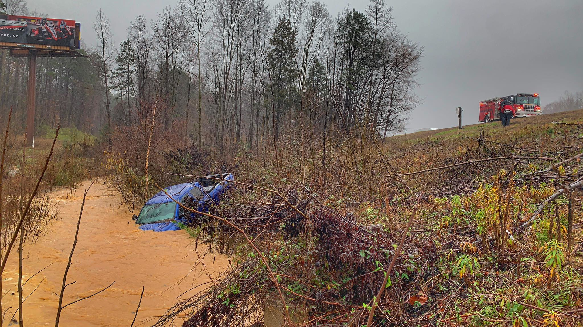 Huntersville, NC, firefighters saved the same pickup truck twice Thursday after fast-moving floodwaters swept the vehicle through a culvert a mile away from the first rescue.
