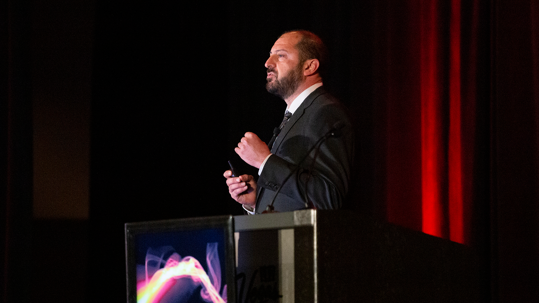 Dennis LeGear delivers the keynote address during opening ceremonies at Firehouse World at the Las Vegas Convention Center on Tuesday, Feb. 25, 2020.