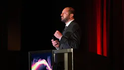Dennis LeGear delivers the keynote address during opening ceremonies at Firehouse World at the Las Vegas Convention Center on Tuesday, Feb. 25, 2020.