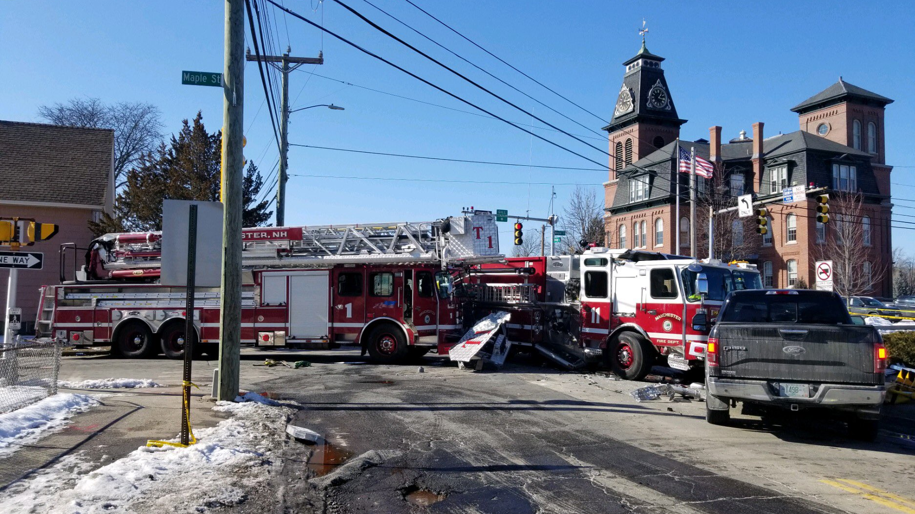 At least eight Manchester, NH, firefighters were injured following an accident with a pickup truck Friday.