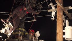 Olivehurst, CA, firefighters rescued a paraglider who became entangled in power lines while trying to land at the Yorba County airport during a training exercise Wednesday. Olivehurst, CA, firefighters rescued a paraglider who became entangled in power lines while trying to land at the Yorba County airport during a training exercise Wednesday.