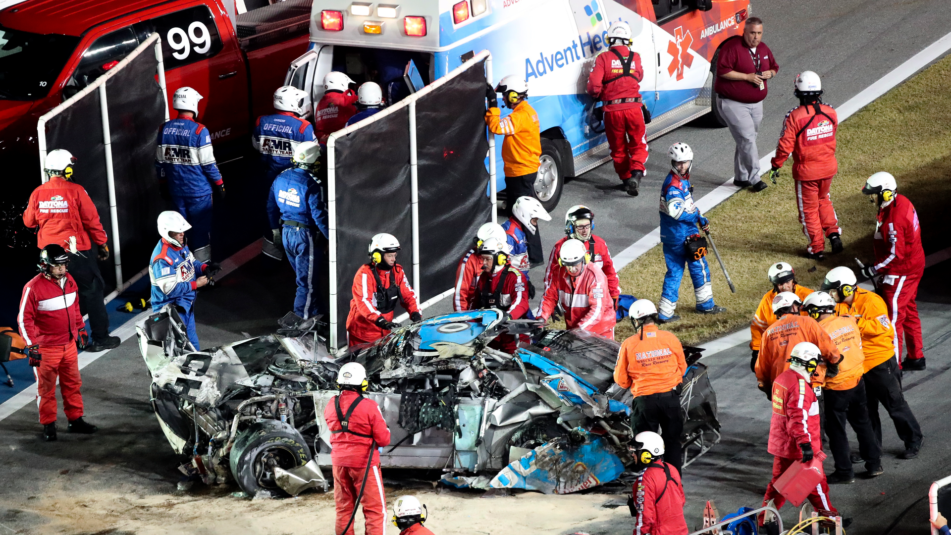 NASCAR driver Ryan Newman is moved to an ambulance after rescue workers removed him from his car after a horrfic crash during the Daytona 500 on Feb. 17.