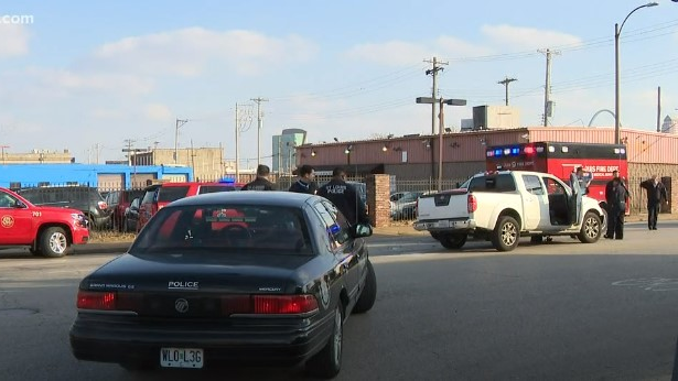 A St. Louis Fire Department ambulance was struck by a pickup truck after the vehicle was hit by gunfire Saturday.