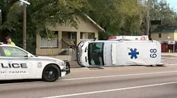 A TransCare ambulance in Tampa, FL, was struck Sunday by a 2016 Ford Fusion that had run a red light.