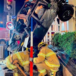 Santa Monica, CA, firefighters extricated a man who drove off the roof of a six-story parking garage and landed across the street early Sunday. Santa Monica, CA, firefighters extricated a man who drove off the roof of a six-story parking garage and landed across the street early Sunday.