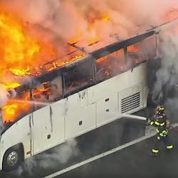 Firefighters battled a large bus fire on Interstate 78 after the vehicle burst into flames in Union Township early Thursday. Firefighters battled a large bus fire on Interstate 78 after the vehicle burst into flames in Union Township early Thursday.
