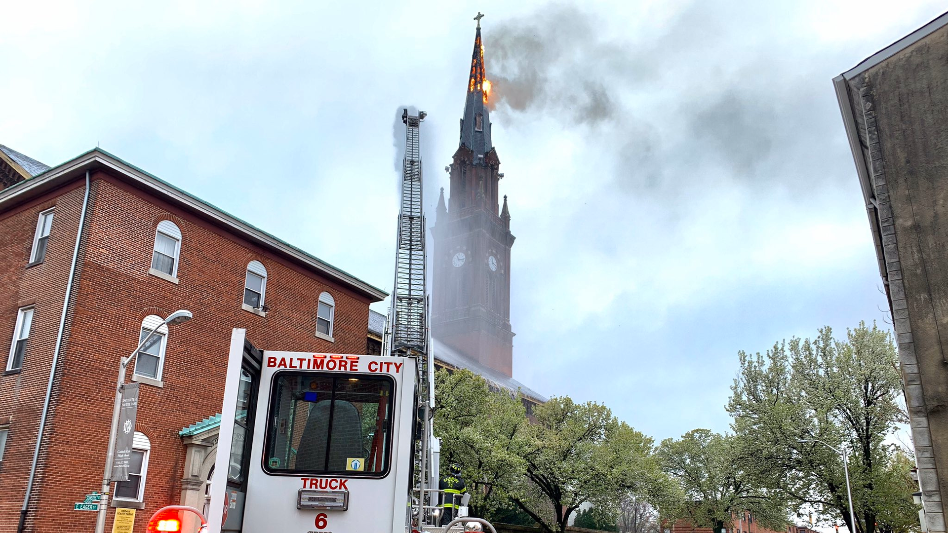 Baltimore City firefighters battled a multi-alarm blaze at Urban Bible Fellowship Church after its steeple caught fire Saturday.