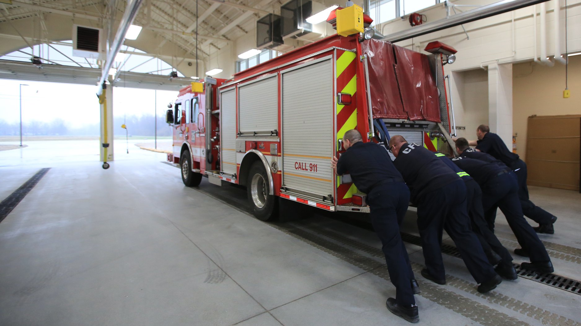 Columbus, OH, firefighters quietly celebrated the opening of the department's long-awaited Station 35 by pushing in an apparatus Monday.