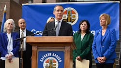Los Angeles Mayor Eric Garcetti speaks Wednesday during a Los Angeles County Health Department press conference on the novel coronavirus. Los Angeles Mayor Eric Garcetti speaks Wednesday during a Los Angeles County Health Department press conference on the novel coronavirus.